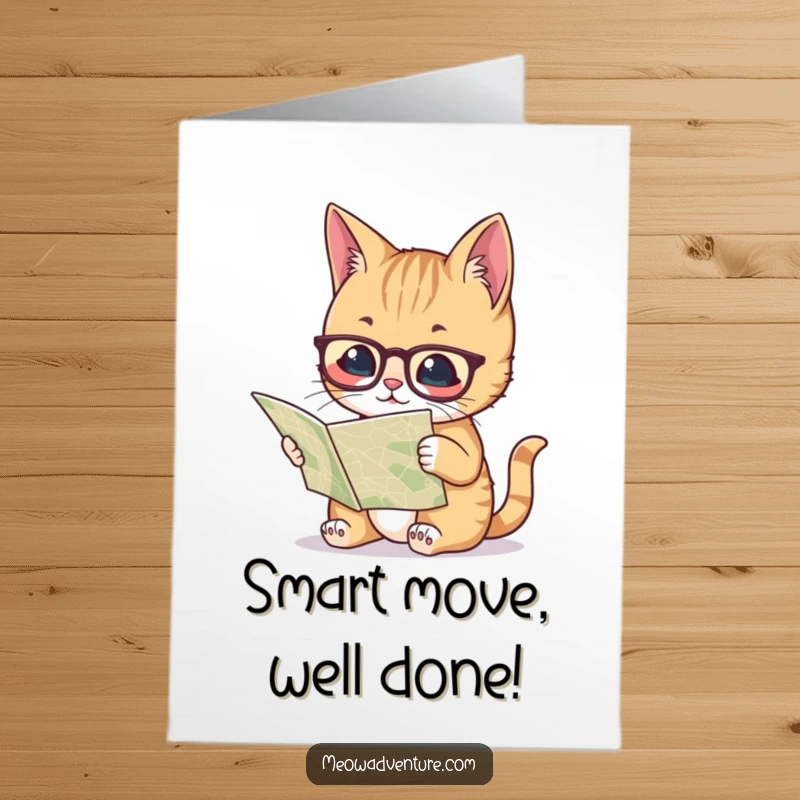 Funny free printable congrats card: A wise cat wearing spectacles pores over a map, planning a successful venture.