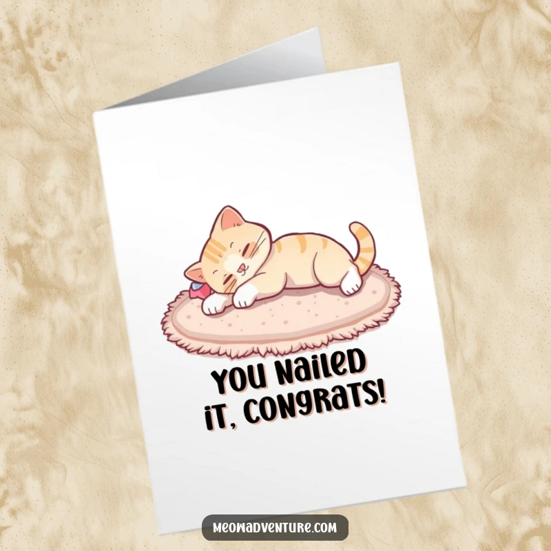 Funny Free Printable Congratulations Card featuring a cat stretching luxuriously after a nap, embodying pure relaxation.