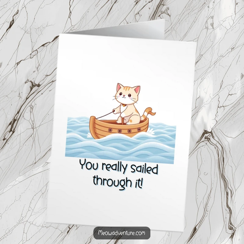 Funny Free Printable Congratulations Card: Brave cat navigator steers a toy boat, celebrating a grand achievement.