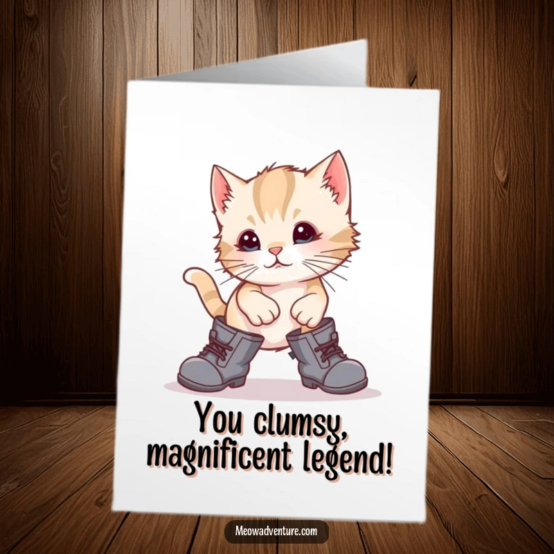 Funny Free Printable Congrats Card: A silly kitten wearing oversized boots, stumbling with joy, perfect for any celebration.