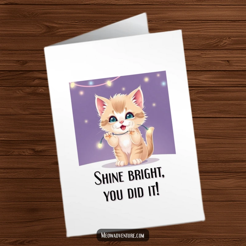Funny Free Printable Congratulations Card: Mischievous kitten batting at twinkling fairy lights, symbolizing bright success. Festive celebration!