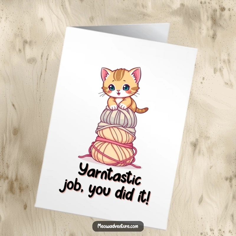 Funny Free Printable Congratulations Card: A tenacious kitten scaling an immense tower of yarn towards victory.