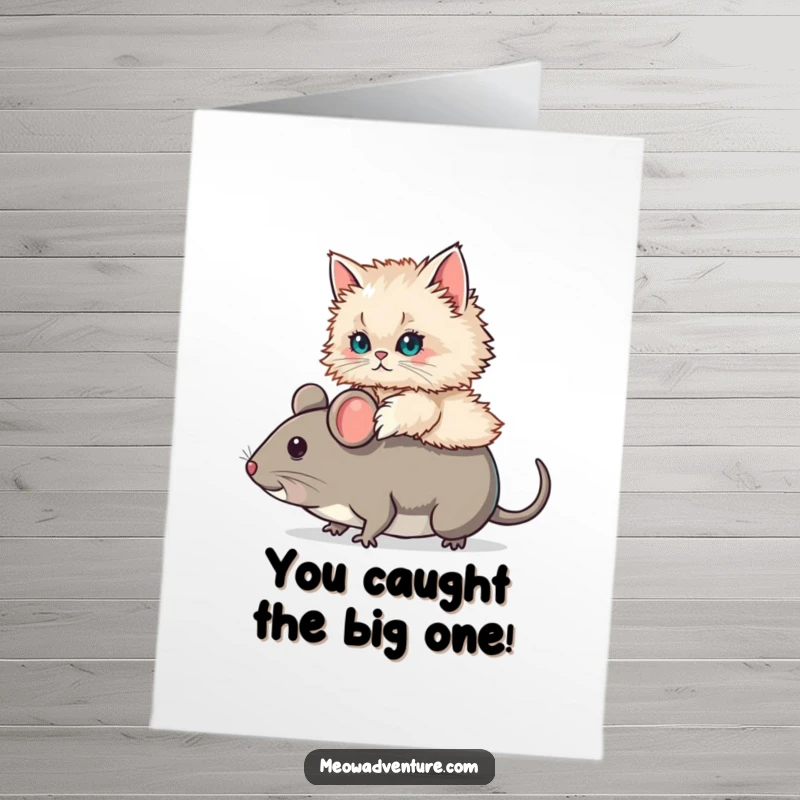 Funny Free Printable Congratulations Card: A fluffy Persian cat joyfully riding a huge toy mouse like a trophy.