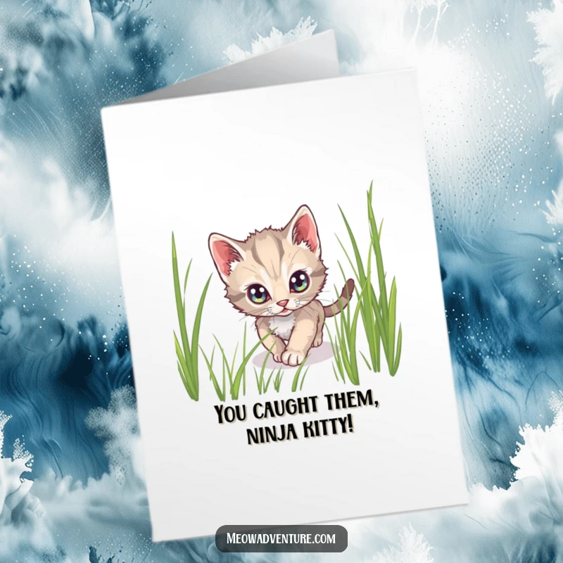 Free Printable Congratulations Card: A stealthy kitten with wide eyes, tiptoeing through grass, celebrating your cunning achievement.