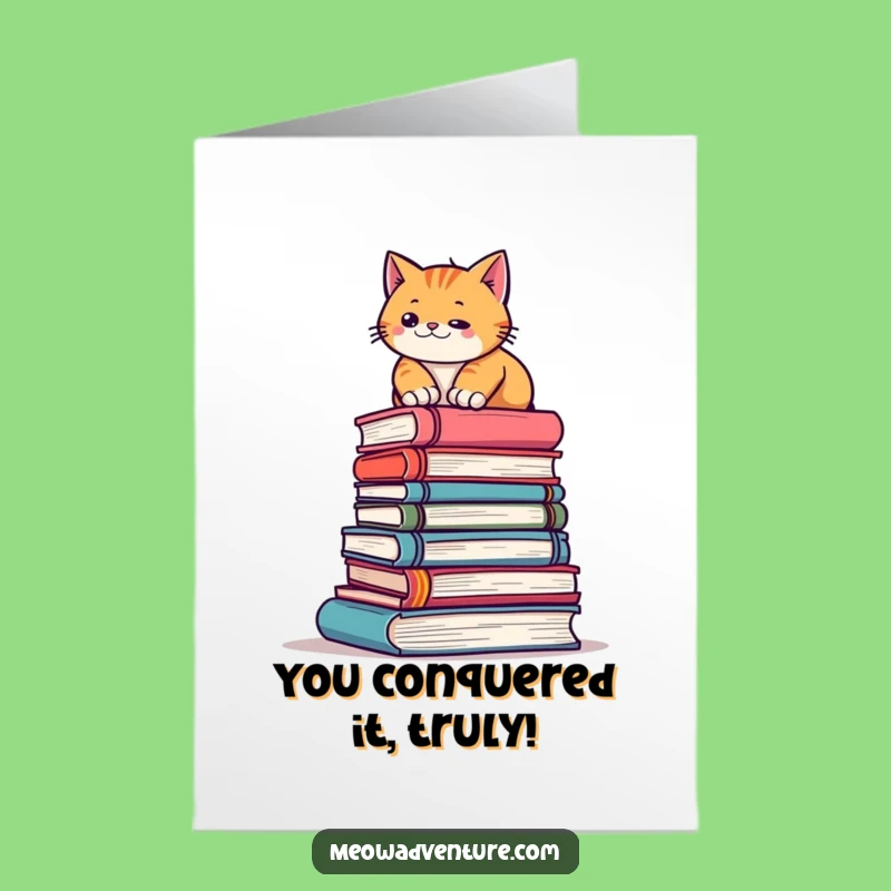 Free Printable Congrats Card: Determined Book Cat Achieves Success DIY Gift