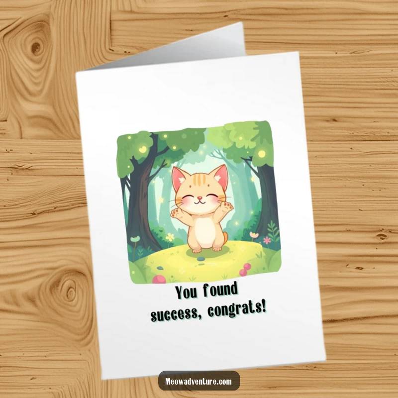 Funny Free Printable Congratulations Card: Curious cat paws outstretched, exploring a magical, glowing forest. Exciting discovery!