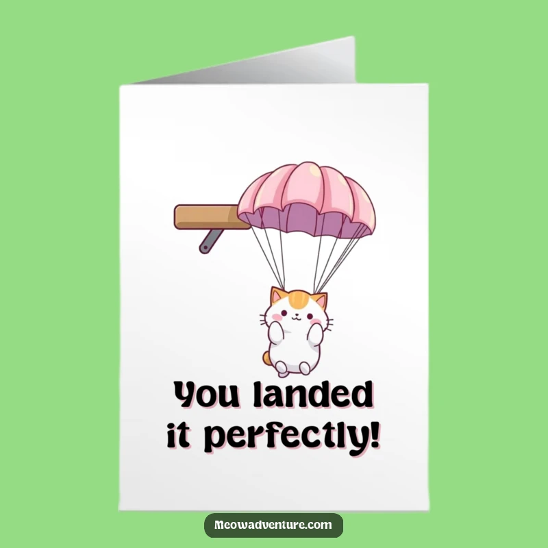 Free Printable Congrats Card: Cat Parachute Landing Funny Downloadable Gift