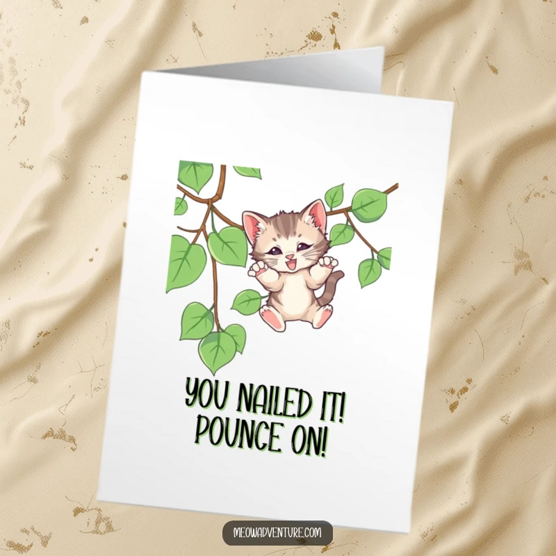 Funny Free Printable Congratulations Card: A dynamic kitten pounces triumphantly on a vine, celebrating your amazing success.