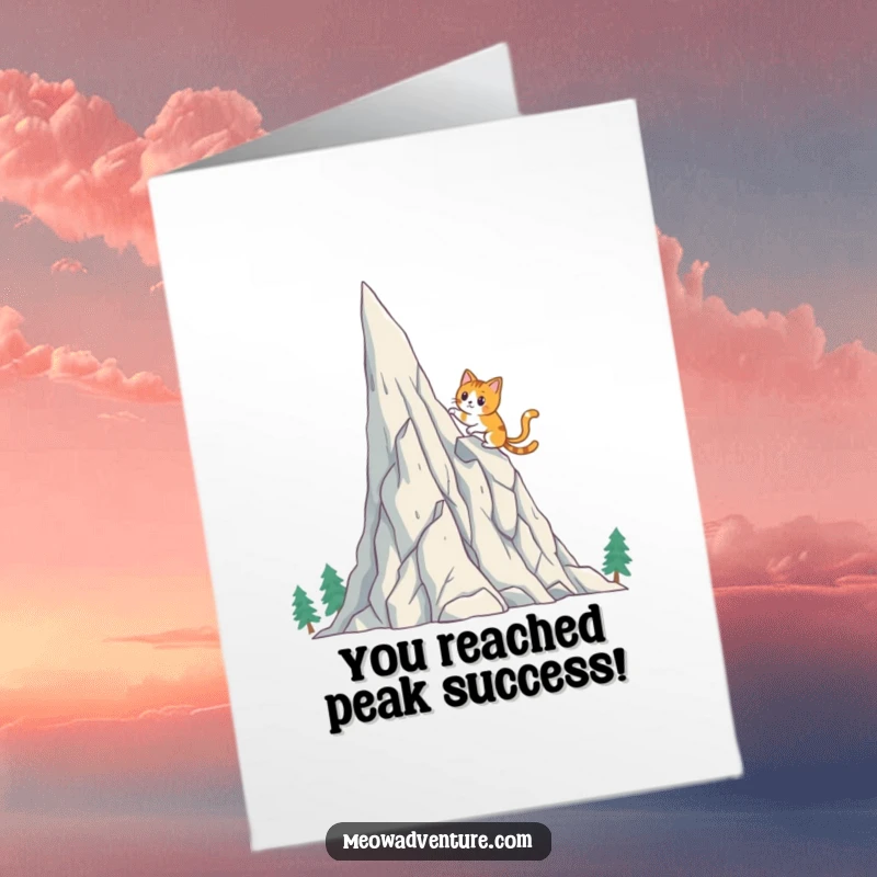 Funny Free Printable Congratulations Card: Brave cat reaching the summit of a whimsical crystal mountain.