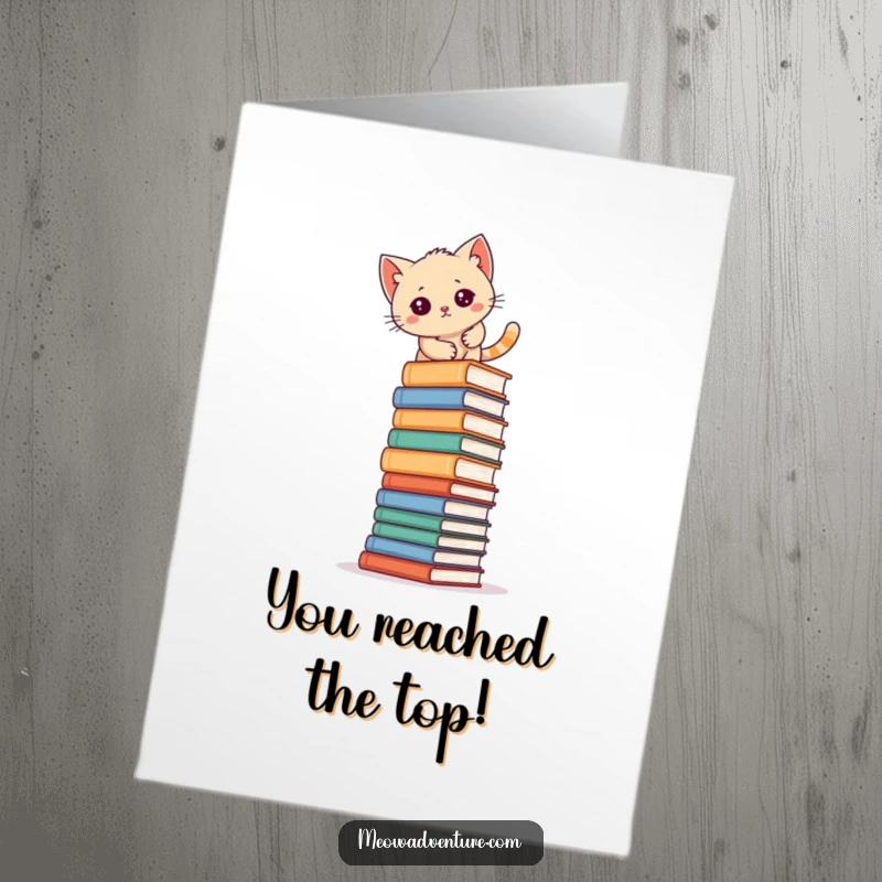 Funny Free Printable Congratulations Card featuring a triumphant kitten reaching the summit of a book tower.