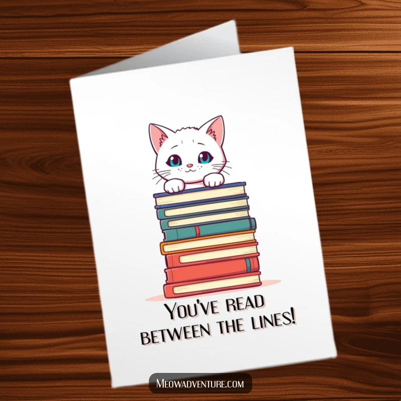 Funny Free Printable congratulations card: A curious white cat peering over a huge stack of books, implying wisdom.
