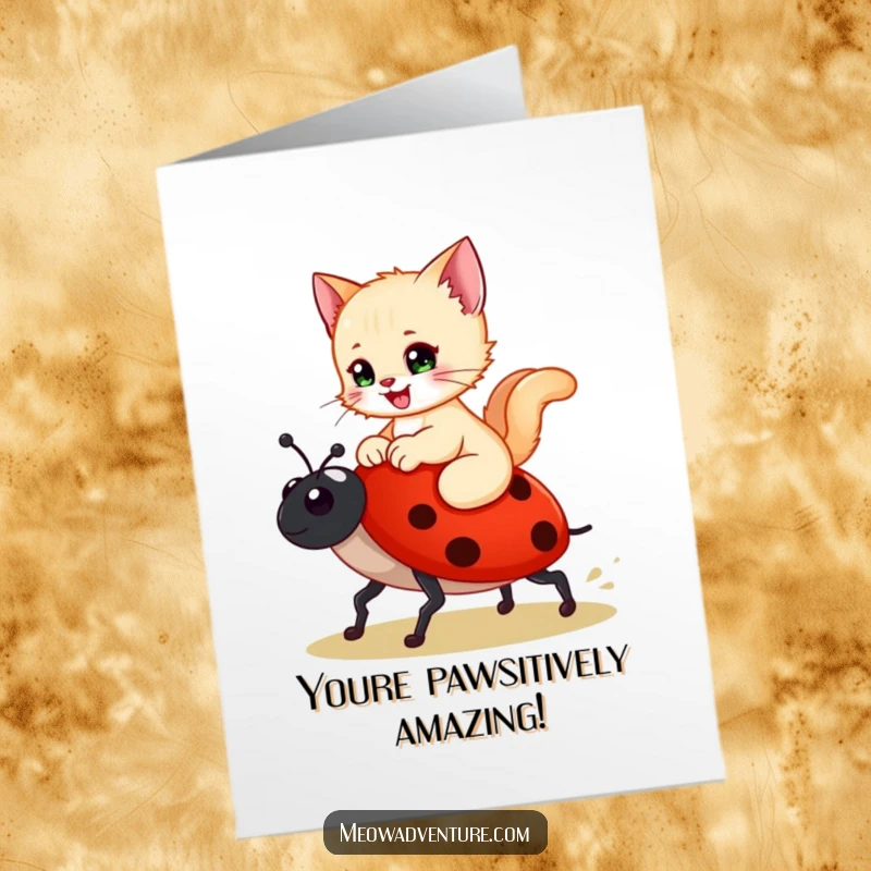 Funny Free Printable Congratulations Card: A happy kitten rides a ladybug like a steed, celebrating your awesome achievement.