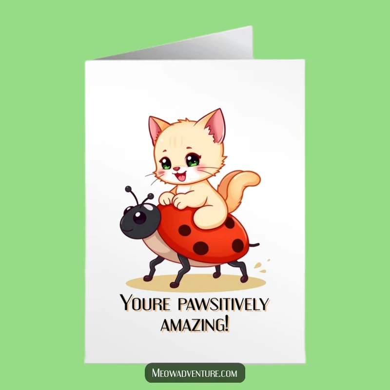 Free Printable Congrats Card: Kitten on Ladybug, Cute Funny Downloadable