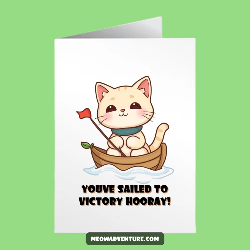 Free Printable Congrats Card: Funny Cat Sailing Leaf Boat Celebration DIY
