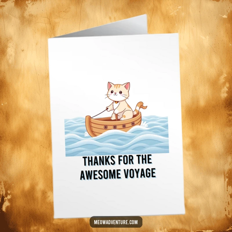 Funny Free Printable Thank You Card: Brave cat sailor drifts on a toy boat, expressing heartfelt thanks.