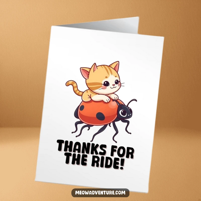 Funny Free Printable Thank You Card: Mischievous cat's ladybug adventure, a quirky and comical way to send thanks, printable at home.