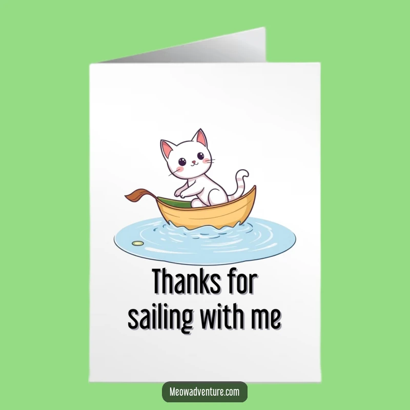 Free Printable Funny Thank You Card: Cat Leaf Boat Voyage - Downloadable Grateful Journey