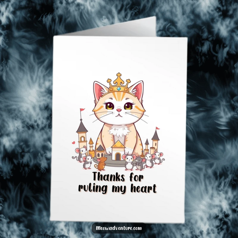 Funny Free Printable Thank You Card: Regal cat looks over its tiny kingdom of toy mice, a funny and noble way to say thanks, printable at home.