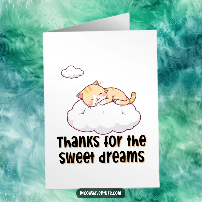Funny Free Printable Thank You Card: Sleepy cat napping on a fluffy cloud, a serene yet humorous image for saying thanks, printable at home.