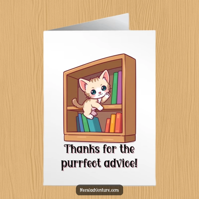 Funny Free Printable Thank You Card: A curious kitten scaling a small, oversized bookshelf, exploring with gratitude.