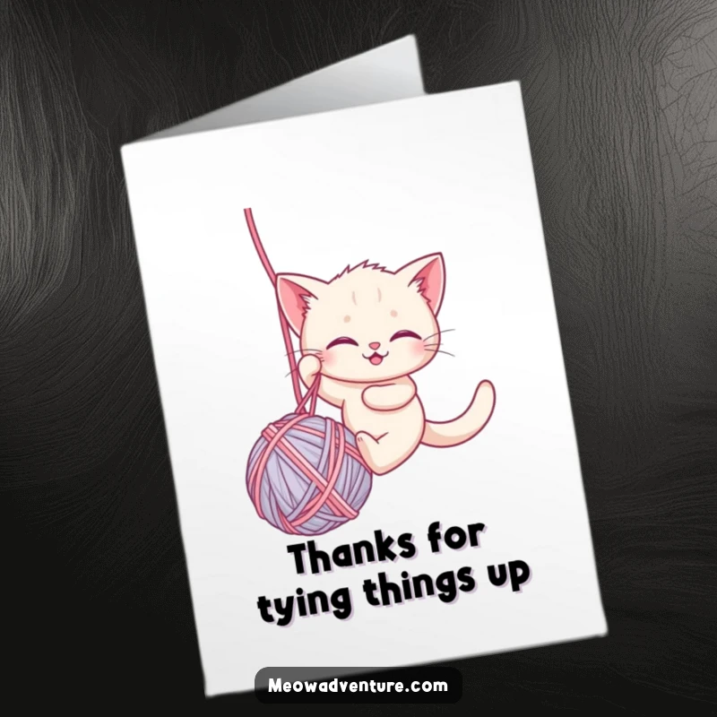 Funny Free Printable Thank You Card: A brave kitten rappels down a massive ball of yarn, offering a unique and funny expression of thanks.