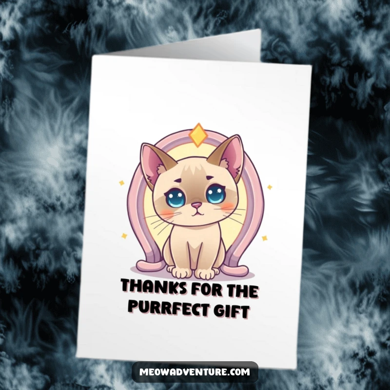 Funny Free Printable Thank You Card: A Siamese cat cautiously looking into a vibrant, otherworldly glowing portal.