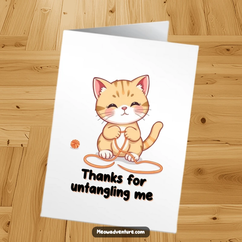 Funny Free Printable Thank You Card: Clever cat disentangling a yarn maze with a pleased expression. Downloadable gratitude.
