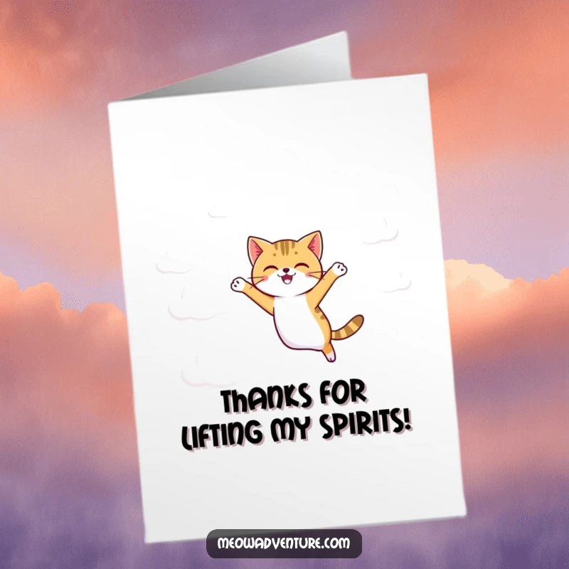 Funny Free Printable Thank You Card: Agile cat jumping between floating cartoonish clouds, expressing graceful thanks.