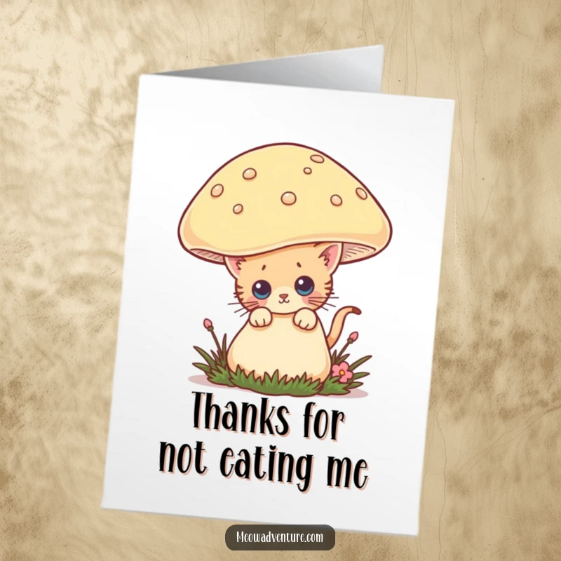 Funny Free Printable Thank You Card: A curious kitten peeks from behind a large mushroom, offering a unique and funny expression of thanks.