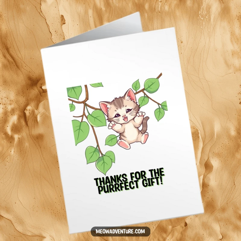Funny Free Printable Thank You Card: A cute kitten pounces playfully on a vine, conveying thanks with energetic charm.