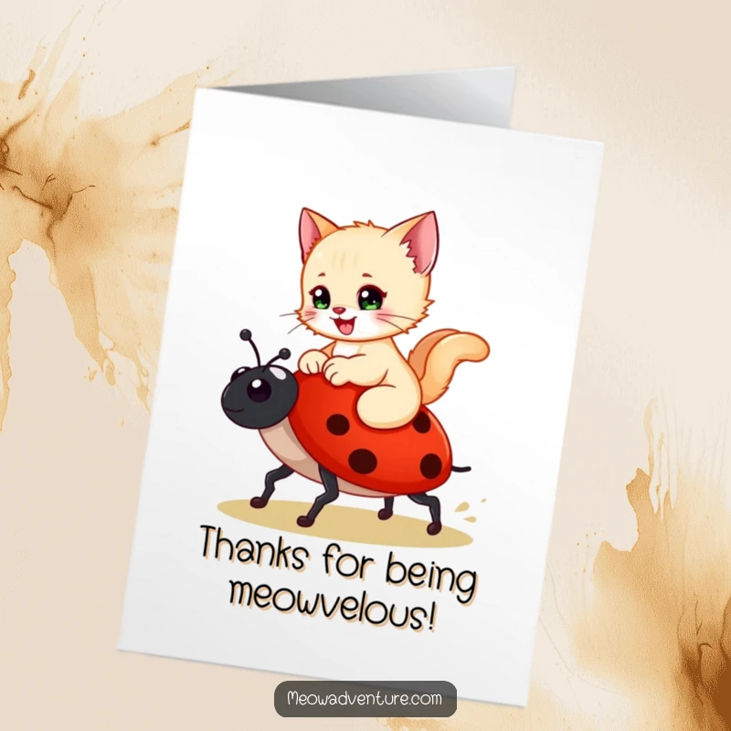 Funny Free Printable Thank You Card: A happy kitten rides a ladybug like a steed, sending a cute thank you.