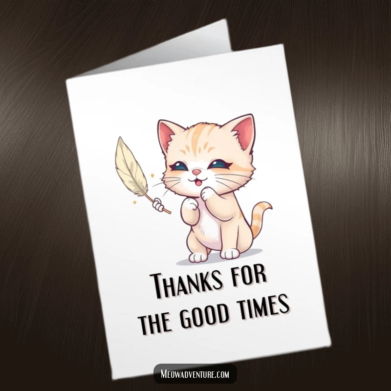 Funny Free Printable Thank You Card: A mischievous kitten is captivated, batting playfully at a floating feather, saying thanks with feline flair.