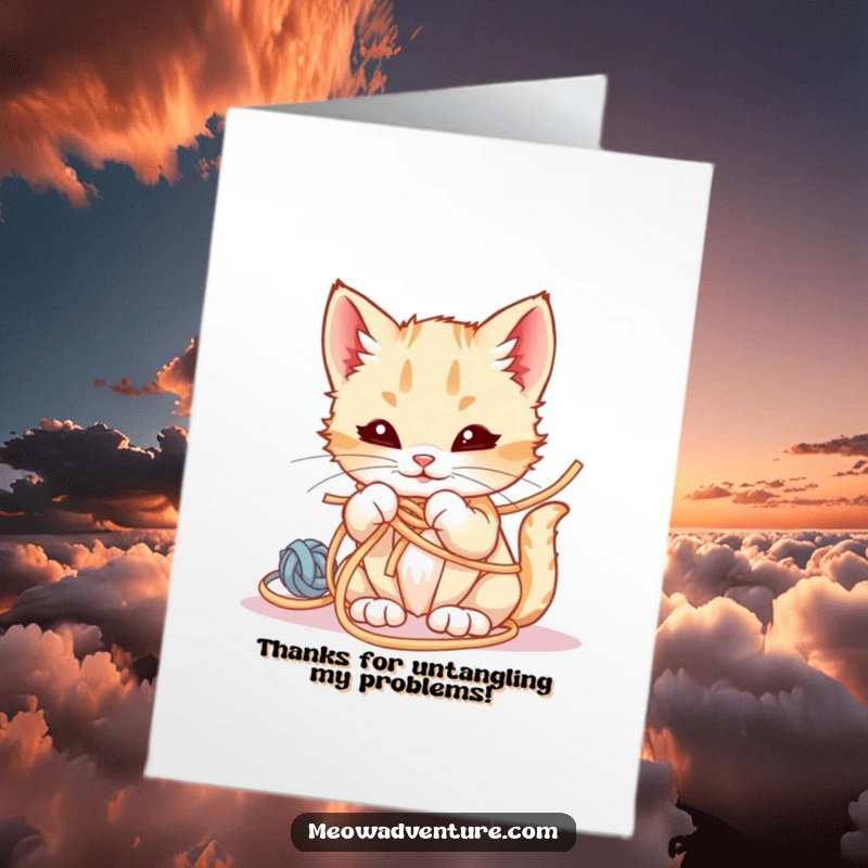 Funny Free Printable Thank You Card: A kitten with a sly smirk, hilariously caught in a web of yarn.