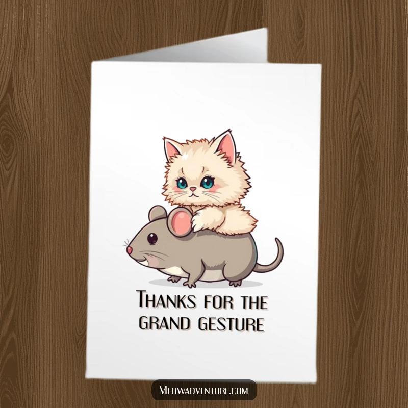 Funny Free Printable Thank You Card: A fluffy Persian cat playfully riding an oversized toy mouse, enjoying the ride.