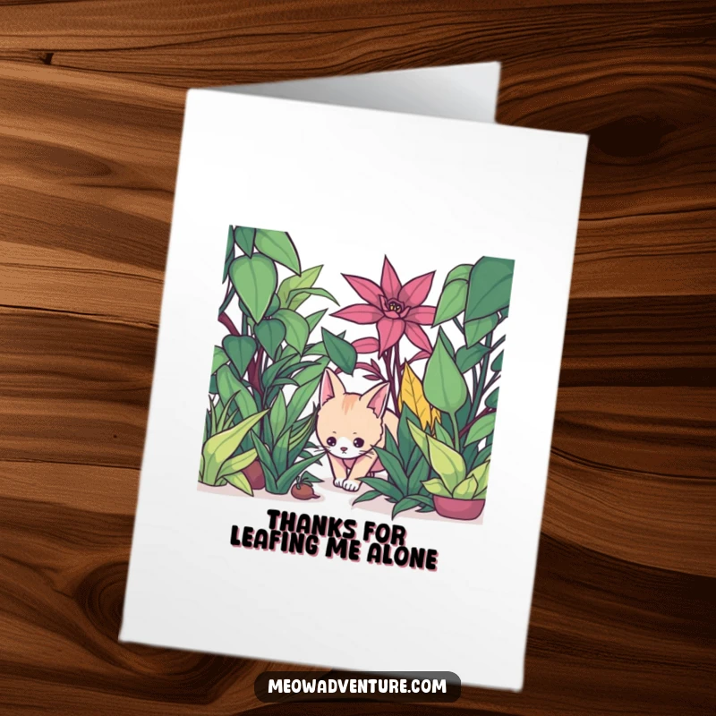 Funny Free Printable Thank You Card: A stealthy cat tiptoes through a lush jungle of oversized plants, conveying thanks with quiet charm.
