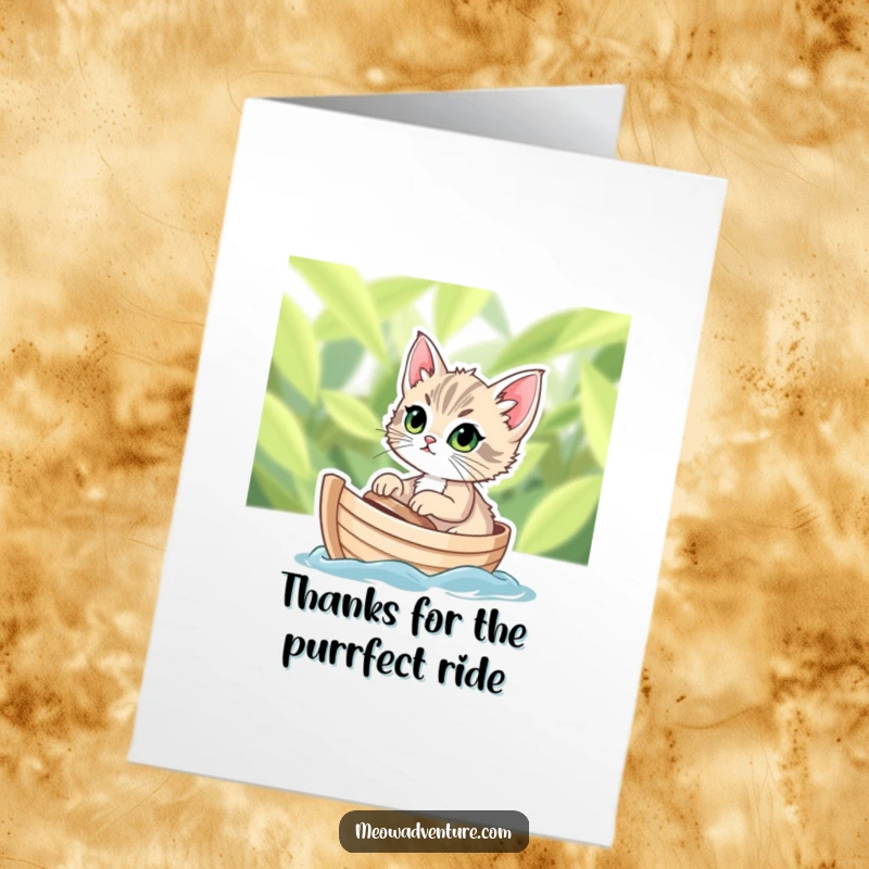 Funny Free Printable Thank You Card: Determined kitten with wide eyes sailing bravely on a tiny, leafy boat, expressing thanks.