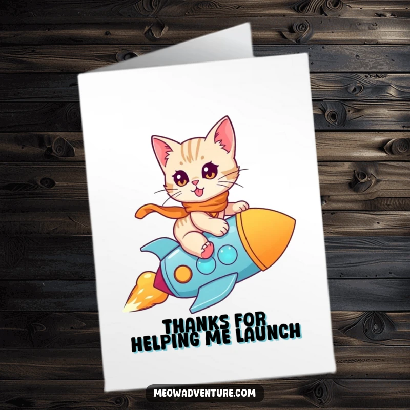 Funny Free Printable Thank You Card: A brave kitten rides a toy rocket, conveying thanks with an adventurous spirit.