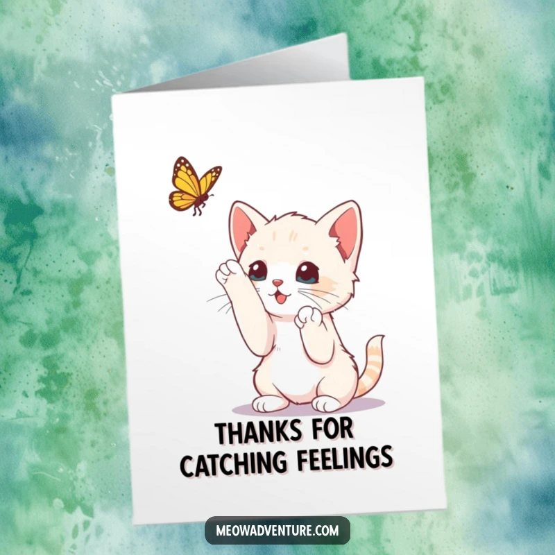 Funny Free Printable Thank You Card: A curious kitten playfully bats its paws at a pretty butterfly, a fun way to say thanks.