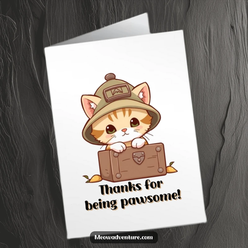 Funny Free Printable Thank You Card: A brave kitten in an explorer hat peering into a chest, offering grateful thanks.
