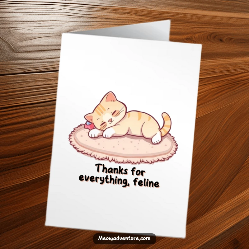 Funny Free Printable Thank You Card with a cat stretching its body luxuriously after a nap, looking thankful.