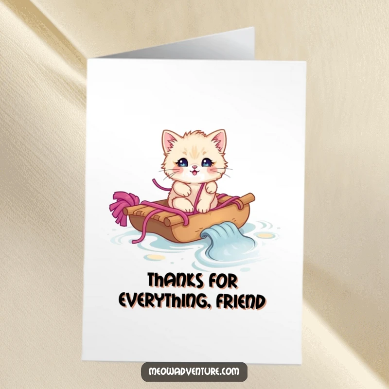 Funny Free Printable Thank You Card featuring a fluffy kitten on a yarn raft, offering thanks with adorable charm.