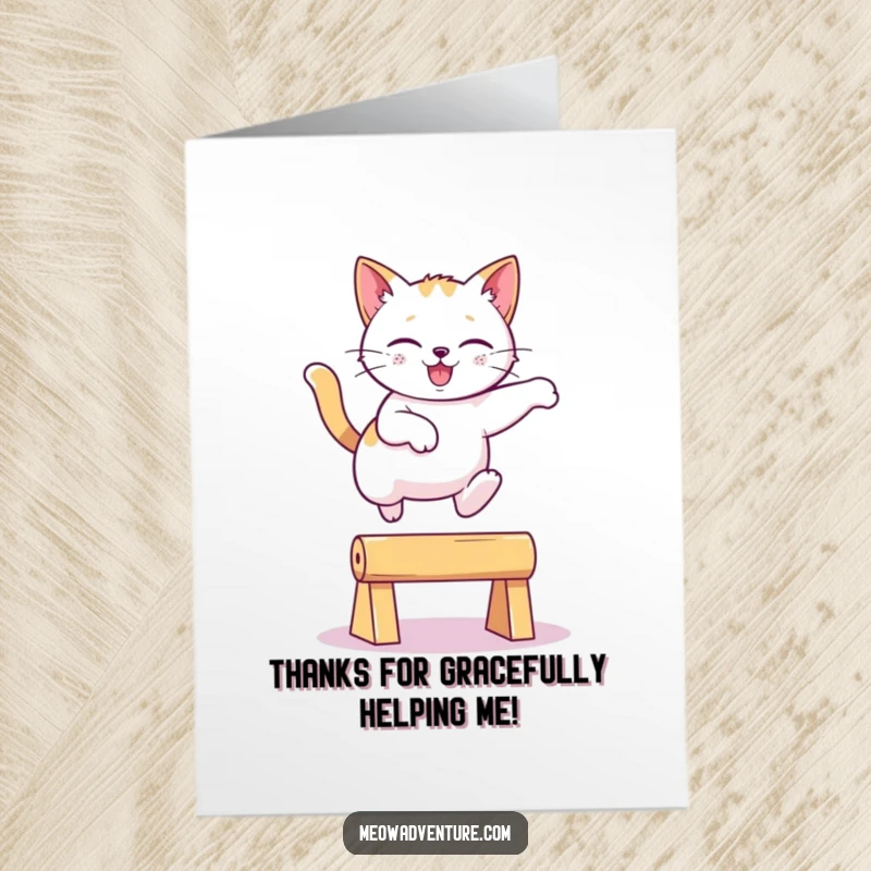 Funny Free Printable Thank You Card: A playful cat leaps elegantly, conveying thanks with its movement.