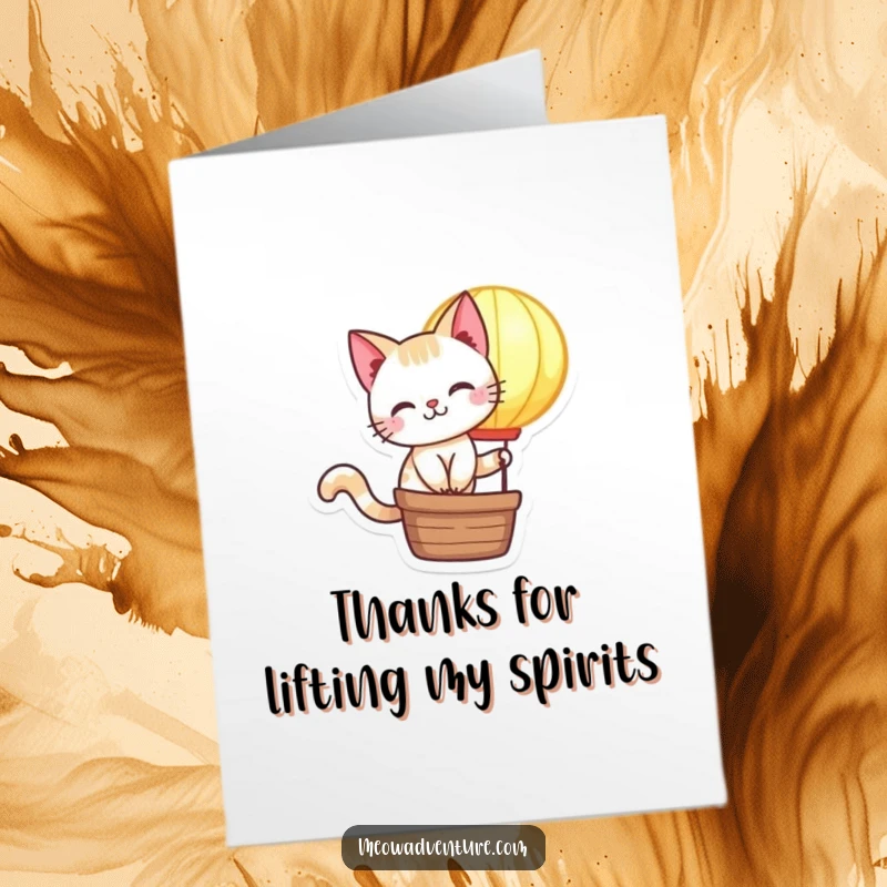 Funny Free Printable Thank You Card: Mischievous cat enjoying a ride in a glowing hot air balloon.