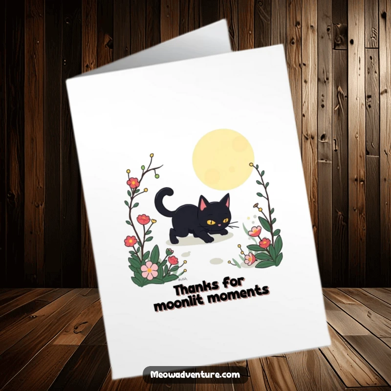 Funny Free Printable Thank You Card: A black cat acting incognito, sneaking through a garden under the moonlight.