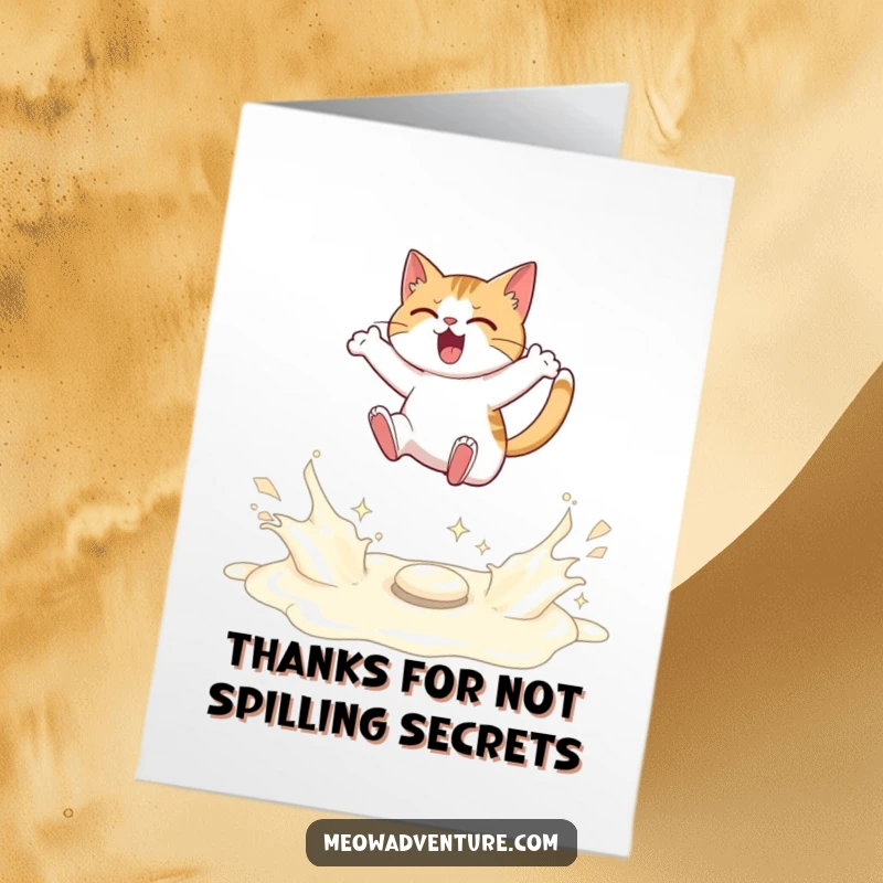 Funny Free Printable Thank You Card: A determined cat leaps over spilled milk, conveying thanks with a spirit of playful resilience.