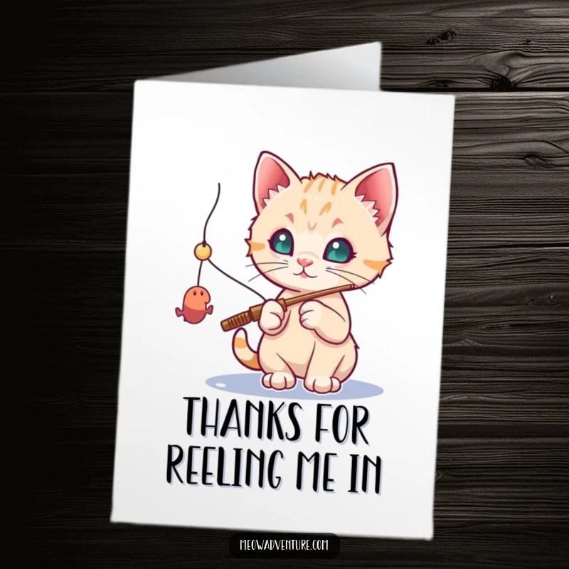 Funny Free Printable Thank You Card: Kitten using a fishing rod to try and catch a toy mouse.