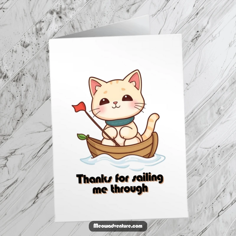 Funny Free Printable Thank You Card: a cat cheerfully sails a leaf boat, expressing heartfelt thanks.