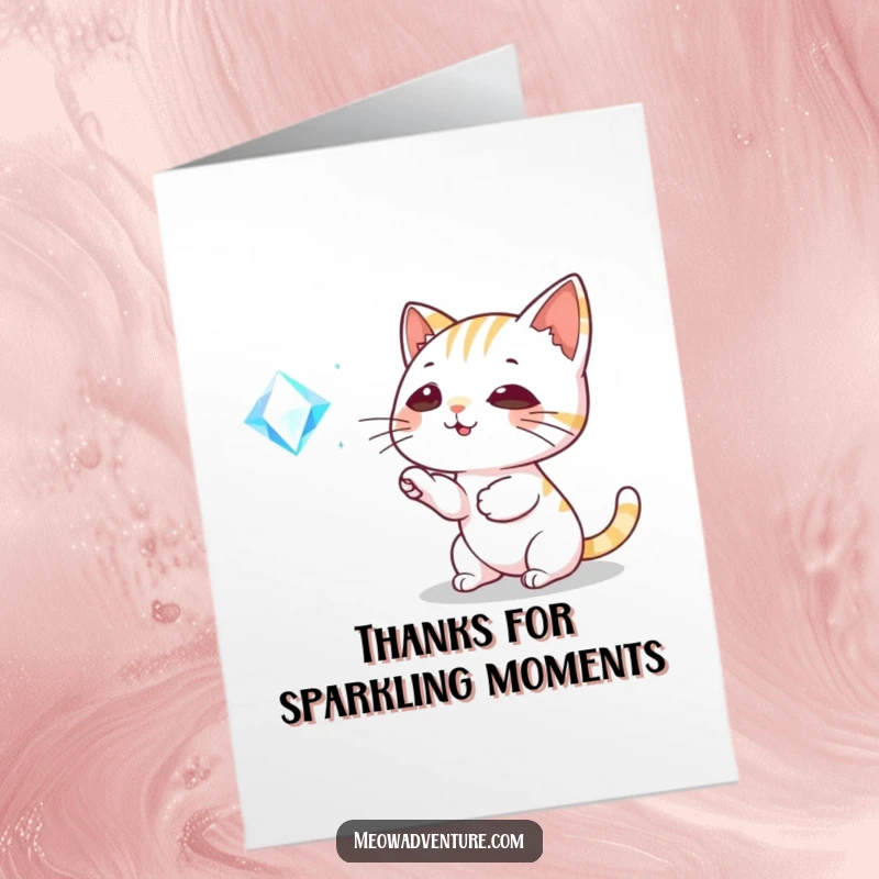 Funny Free Printable Thank You Card: Playful cat batting at a glittering, floating gem with delight.