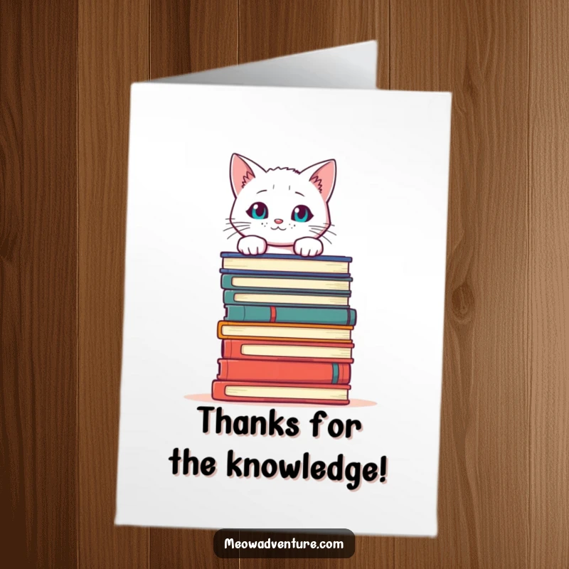 Funny Free Printable thank you card: A curious white cat peeking over a tall pile of books, showing interest.