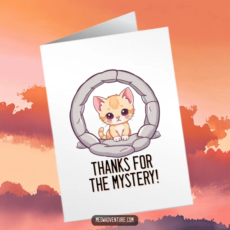 Funny Free Printable Thank You Card: Curious kitten peering into a mysterious portal, conveying thanks for exploring new paths together.